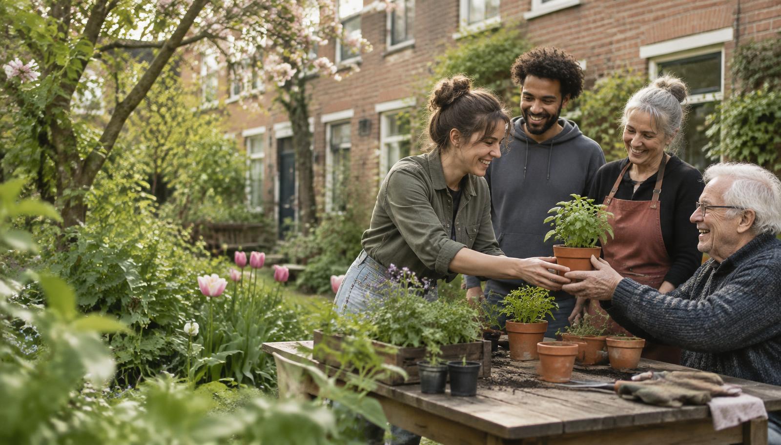 Buurtgenoten delen planten en een fijn moment in een groene buurttuin